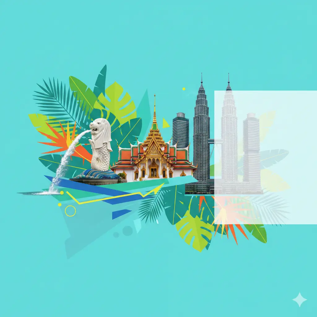 展示亚洲热门免签国家特色的拼贴图。核心元素包括新加坡的鱼尾狮、泰国的佛寺建筑和马来西亚的双子塔，这些元素通过流畅的几何线条连接。画面色彩明亮鲜艳，充满热带活力。背景点缀有代表性的热带植物叶片。构图采用三分法，右侧留有半透明遮罩层，适合在网站上叠加文字介绍，体现东南亚旅行的便利性。