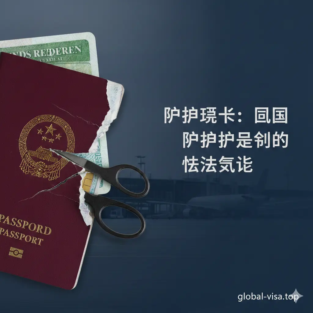 一张具有强烈视觉冲击力的封面图。画面左侧是一本中国护照的角被剪掉的特写，背景是模糊的美国绿卡和机场航站楼剪影。色彩采用警示性的深蓝色与深红色对比，光影沉稳且严肃。构图采用对角线分割，左下角重点突出‘被剪护照’的质感，右上角留白处适合放置文章标题。整体风格专业、稳重，传达出法律危机感与权威援助的必要性。