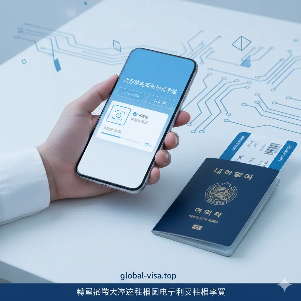 一张科技感与写实结合的教程示意图。画面展示一只手握着智能手机,屏幕上显示出类似澳大利亚ETA和新西兰NZeTA申请界面的UI元素(如护照扫描框、电子确认勾号)。手机旁放着一本护照和一张登机牌。背景是干净的白色桌面,色调偏蓝灰色系,体现出电子许可申请的流程化、高效性与现代签证办理的便捷性。