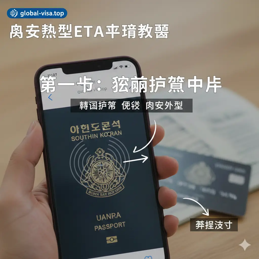 一张详细的步骤演示图,展示手机APP申请流程。画面呈现一个手持智能手机的近景,手机屏幕正显示正在扫描韩国护照芯片的动作(NFC感应示意)。背景稍微模糊,显示出护照和准备好的信用卡。图中加入简单的步骤引导箭头和中文标注,强调APP操作的直观性和技术感,光线柔和,聚焦清晰。