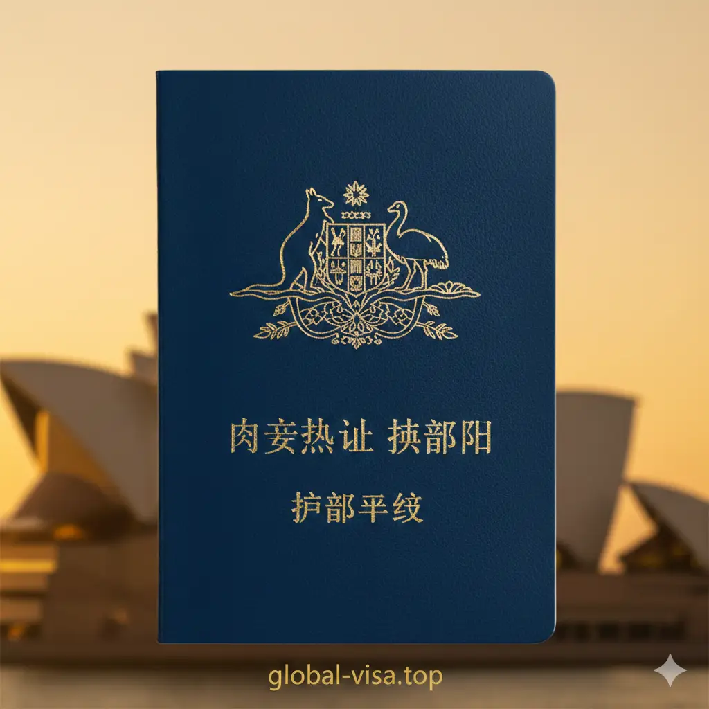 一张高清的澳大利亚护照封面特写图片，深蓝色皮质质感的护照封面居中显示，金色的澳大利亚国徽和文字闪闪发光。背景采用模糊的悉尼歌剧院剪影，色彩明亮且具有专业感，构图采用黄金分割比例，色调以深蓝、金和暖阳色为主，体现权威与旅行的渴望。