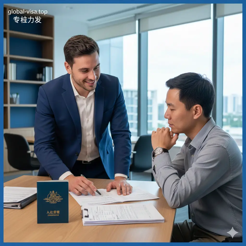 一张体现global-visa.top专业服务优势的图片。画面中一名专业干练的顾问正在给客户讲解护照申请表，桌上整齐摆放着入籍证书和护照申请材料。背景是充满现代感的办公室，阳光充足。色彩以商务蓝和温暖的木质色为主，旨在传达专业、可靠、高效的服务形象。