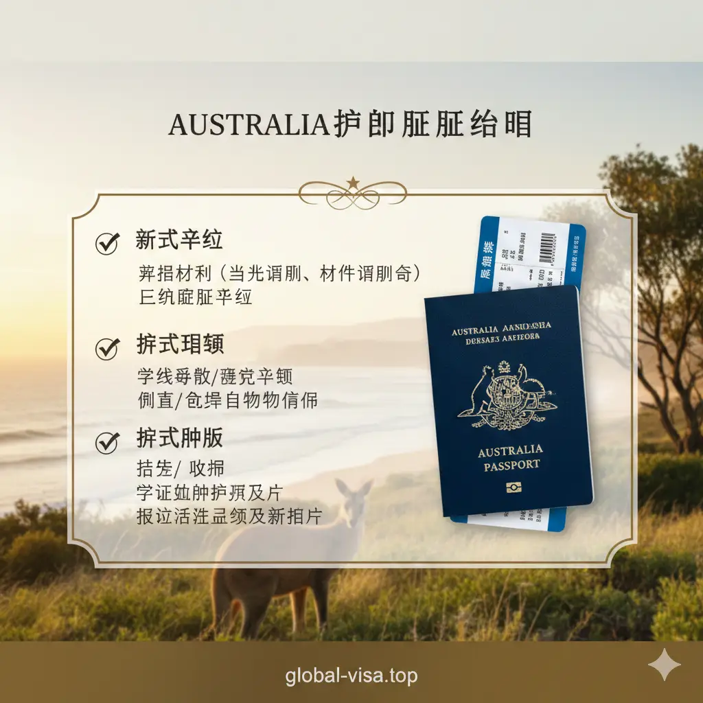 一张总结性的图片，画面中心是一个精美的清单列表（Checklist），涵盖了首次申请、更新和补办的关键步骤。列表旁边是一张机票和一本澳大利亚护照。背景采用柔和的自然风光，象征着成功的护照办理开启了美好的旅程。色彩和谐统一，构图紧凑，具有很强的视觉归纳感。
