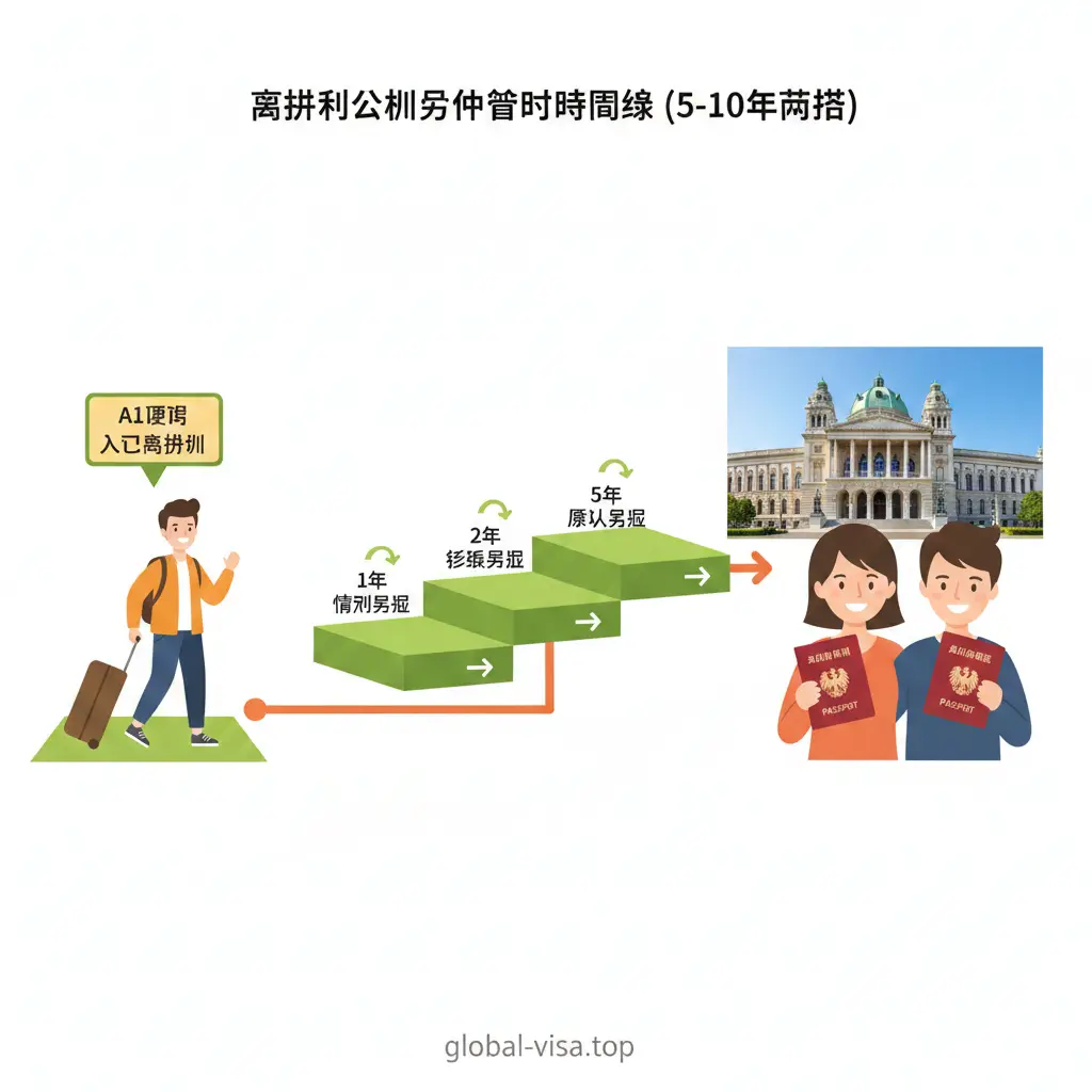 一张清晰的流程引导图,采用插画风格展示从居留到入籍的5-10年路径。画面左侧是一个旅行者带着行李箱进入奥地利(A1德语标志),中间经过三个阶段的台阶(分别标注1年、2年、5年永居),终点是手持奥地利护照在维也纳大学前合影。色调明亮、积极,使用绿色和橙色引导视觉流向,构图横向拉伸,展现漫长而稳健的移民过程。