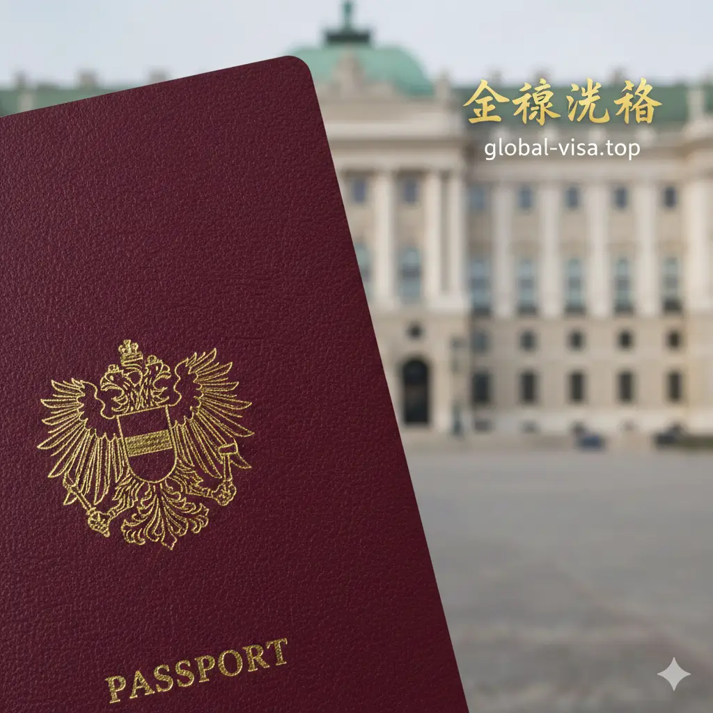 一张高清的奥地利护照封面特写,深红色的皮革纹理封面上金色的哈布斯堡王朝双头鹰国徽闪闪发光。护照放置在维也纳霍夫堡宫背景的模糊背景下,自然光线柔和地打在封面上,呈现出高端、权威的视觉质感。构图采用三分法,右侧留白方便添加‘global-visa.top’的标题文字,整体色调以酒红色和金色为主,充满贵族气息。