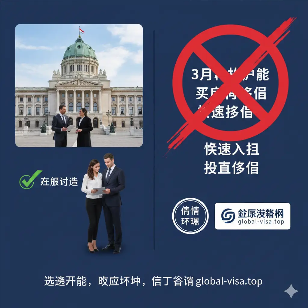 总结与避坑指南图片。画面一侧是正规的奥地利政府大楼和专业的律师咨询场景,另一侧用红色警告标志划掉‘3个月拿护照’、‘买房送移民’等虚假广告字样。下方展示global-visa.top的官方LOGO和‘诚信透明’的印章。构图稳重,采用左右对比布局,深蓝色的背景给人以安全感和信任感,引导用户进行最后的咨询行动。