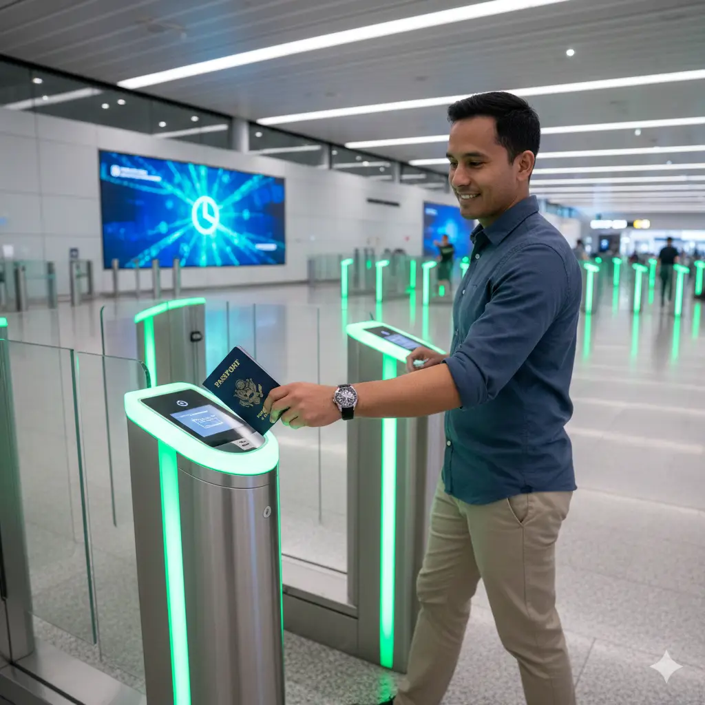 展示美国护照入境优势的场景图。一名身着休闲商务装的旅客正拿着美国护照通过新加坡樟宜机场先进的自动通关闸口（Automated Lane）。画面聚焦于护照与感应器的互动，以及闸口亮起的绿色通行灯光。背景宽敞明亮，展现了樟宜机场的现代化设施，强调‘免排队、快速入境’的优越体验，视觉风格专业且高效。