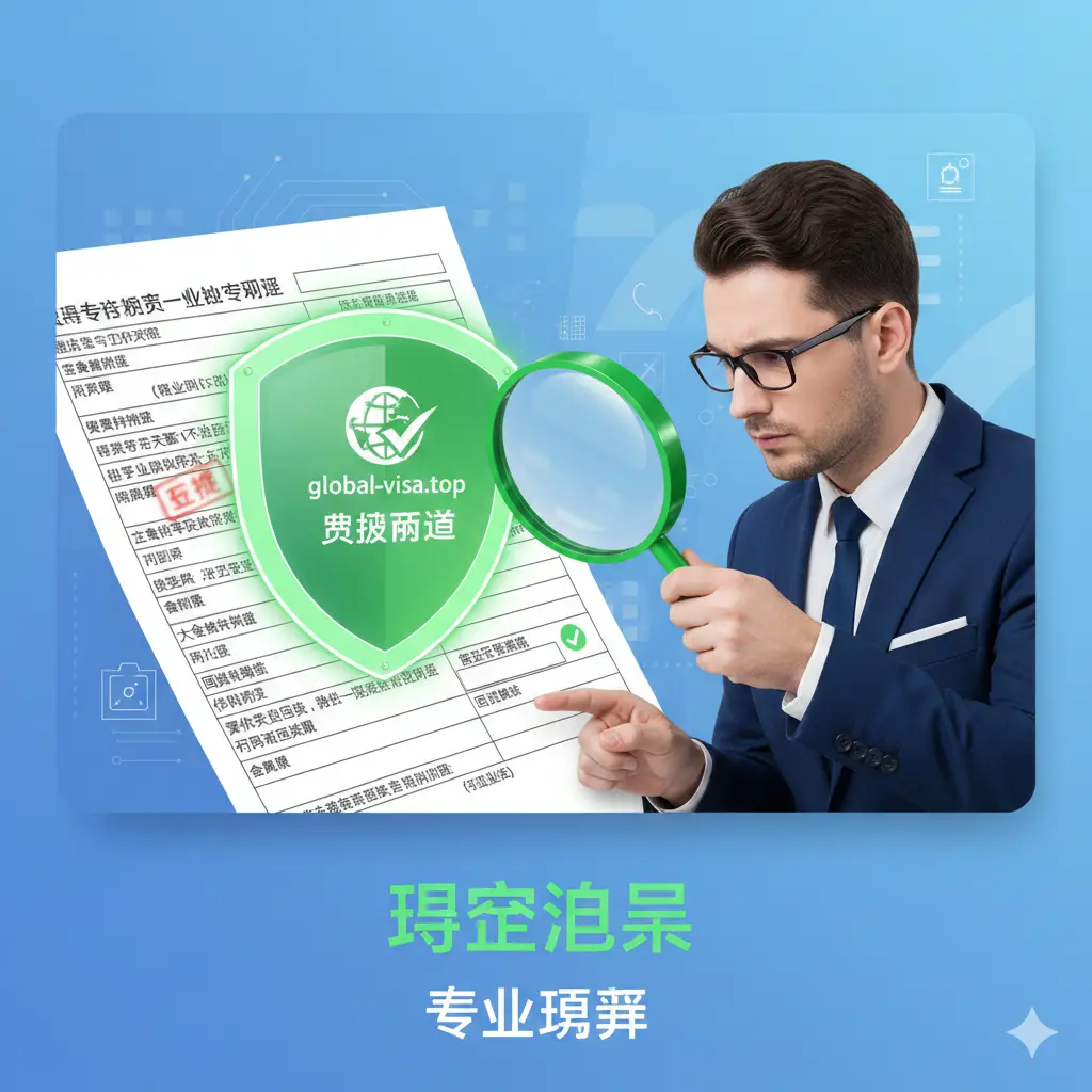 一张象征专业审核与避坑优势的图片。画面左侧是一份填满文字的复杂表格，上面盖着红色的‘REJECTED’（驳回）印章的阴影，被一个发光的绿色盾牌挡住，盾牌上是global-visa.top的Logo或‘审核通过’的绿色印章。右侧展示一位专业顾问正在用放大镜仔细检查‘国籍状况’选项栏的细节，传达出‘精准避雷’和‘专业预审’的安全感，色调以信任蓝和成功绿为主。