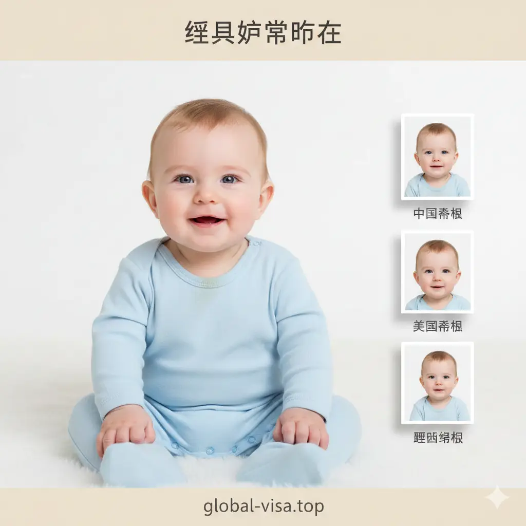 一张高质量、温馨的封面图。画面中央是一个可爱的婴儿坐在白色背景前,正对着镜头露出自然的表情。画面右侧并列展示三种不同规格的护照照片裁剪预览(中国、美国、欧盟标准),并带有微妙的阴影效果增加立体感。色彩基调以温暖的白色和浅蓝色为主,构图简洁大方,光线柔和均匀,体现专业签证服务的权威感与亲和力。