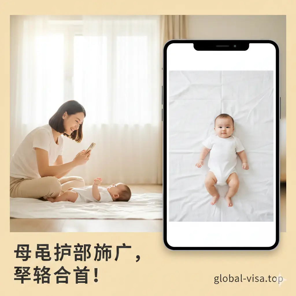 温馨的家庭场景，一位母亲正在明亮的客厅里用手机给坐在白色床单上的婴儿拍摄照片。画面特写展示AI如何修正宝宝轻微倾斜的头部并去除床单上的褶皱，最终生成一张合规的婴儿护照照片。色彩偏暖，充满亲和力，有效解决用户对‘婴儿护照照片app’的痛点需求。构图平衡，一边是真实拍摄场景，一边是处理后的对比结果，突显专业性。