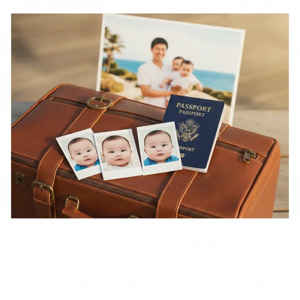 一张温馨的总结图片。画面展示一个整理好的旅行包,旁边放着一本护照和几张刚刚打印好的精美婴儿护照照片。背景是一张模糊的家庭旅行合照,营造出‘万事俱备,准备出发’的幸福感。图片下方留白处暗示签证办理成功的轻松氛围。光线采用明亮的晨光,色彩丰富且饱和度适中,为整篇文章画上圆满的句号。