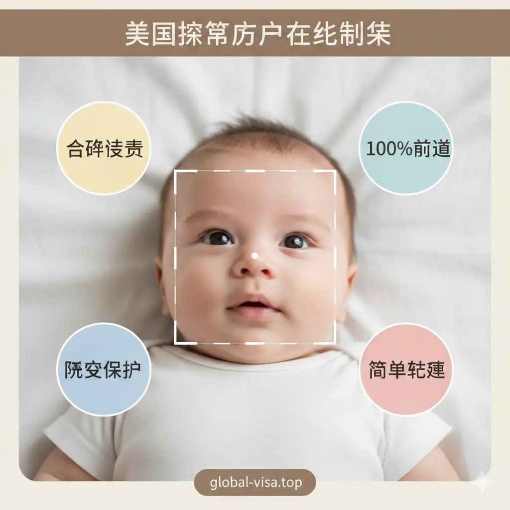 温馨的总结图。画面中心是一个可爱的小婴儿平躺在白床单上，上方覆盖着一个透明的美国护照规格裁剪框。周围点缀着‘合规检测’、‘100%通过’、‘隐私保护’等标签。色彩柔和温暖，构图以婴儿为视觉中心，体现该工具对复杂场景（如婴儿拍照）的强大兼容性和最终可靠性。