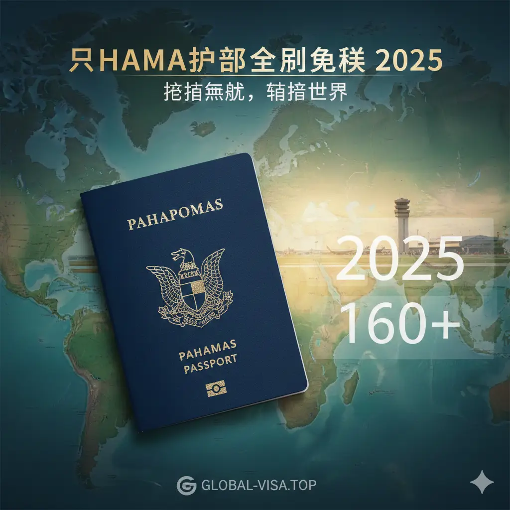 一张极具质感的封面图，核心焦点是一本深蓝色的巴哈马护照，护照封面上的金色国徽清晰可见，放置在一张展开的世界地图之上。背景融合了加勒比海标志性的绿松石色海景与现代化的国际机场跑道虚影，寓意全球通行的自由。光线采用暖色调的晨光，营造出高端、稀缺和希望的氛围。画面右侧巧妙融入'2025'和'160+'的半透明数字水印，强调最新的免签数据优势，整体风格专业且富有商务感，符合Global-Visa.top的品牌调性。