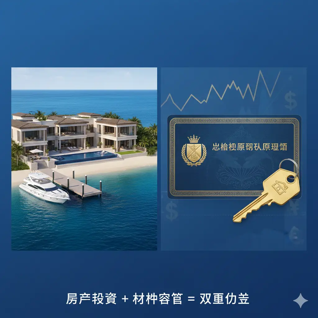 表现巴哈马投资永居（Permanent Residency）与高端房地产结合的优势图。画面左侧展示一套豪华的海滨别墅，拥有私人码头和游艇，右侧特写展示一张象征身份的永居卡片和一把精致的房门钥匙。背景隐约可见金融走势图表，象征着资产保值与税务规划的双重优势。构图采用对比或分屏设计，色彩运用高端的宝蓝色和金沙色，旨在向高净值人群传达'房产投资+身份配置'的完美结合。