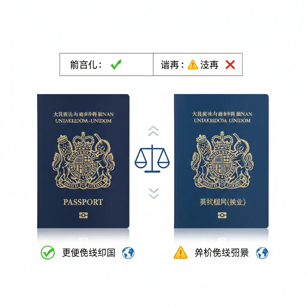 一张干净整洁的摄影棚风格对比图，平铺展示了两本护照：一本是标准的英国公民（BC）护照，另一本是英国国民（海外）（BNO）护照。画面中巧妙地融入了天平或对比列表的视觉元素（如细微的打勾或图标），暗示两者在特定国家（如蒙古、越南）免签待遇上的细微差异。背景为中性灰或纯白，确保读者的注意力完全集中在护照封面的细节对比上，精准服务于细分市场的对比需求。