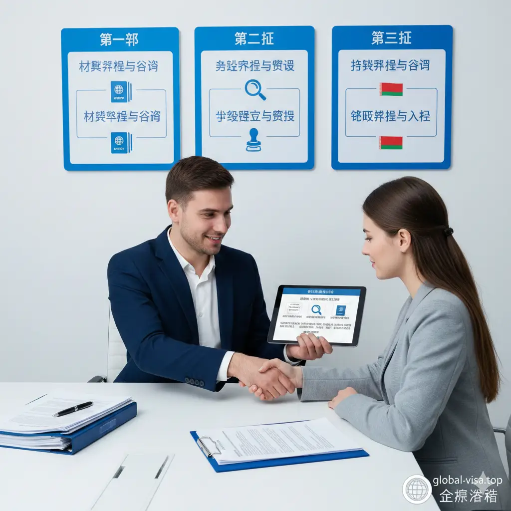 关于白俄罗斯护照办理流程的教程引导图。画面呈现一个现代化的办公场景，一位专业的移民顾问正在向客户展示平板电脑上的流程图。背景墙上有清晰的Step 1到Step 3的视觉标识。构图采用中景镜头，聚焦在专业的文件整理和握手交流瞬间，色彩明亮透明，营造出一种流程正规、合规透明的信任感。