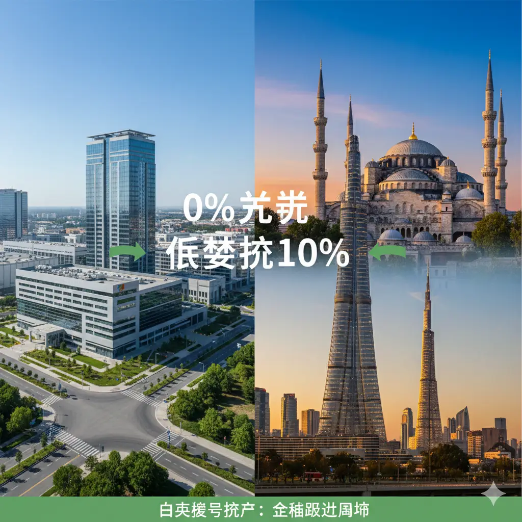 展示白俄罗斯护照优势对比的视觉图。画面采用左右对比或并列排布的形式，左侧展示中白工业园的现代化工厂建筑，右侧展示免签国家的标志性地标（如迪拜哈利法塔或土耳其清真寺）。中间穿插着免税、低税率的百分比符号。整体风格极具视觉冲击力，色彩饱和度高，突出白俄罗斯作为避风港的独特优势。