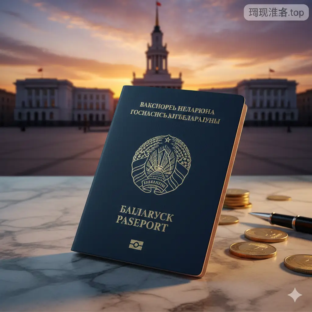 一张高清写实的封面大图。画面中心是一本深蓝色的白俄罗斯护照，封面上有精致的金箔国徽压纹。护照放置在质感十足的大理石桌面上，背景是明斯克独立广场的欧式建筑剪影，伴有温暖的夕阳余晖。整体色调高级，光影考究，右上角带有Global-Visa.top的品牌水印，构图采用对角线分布，彰显国际化与权威感。