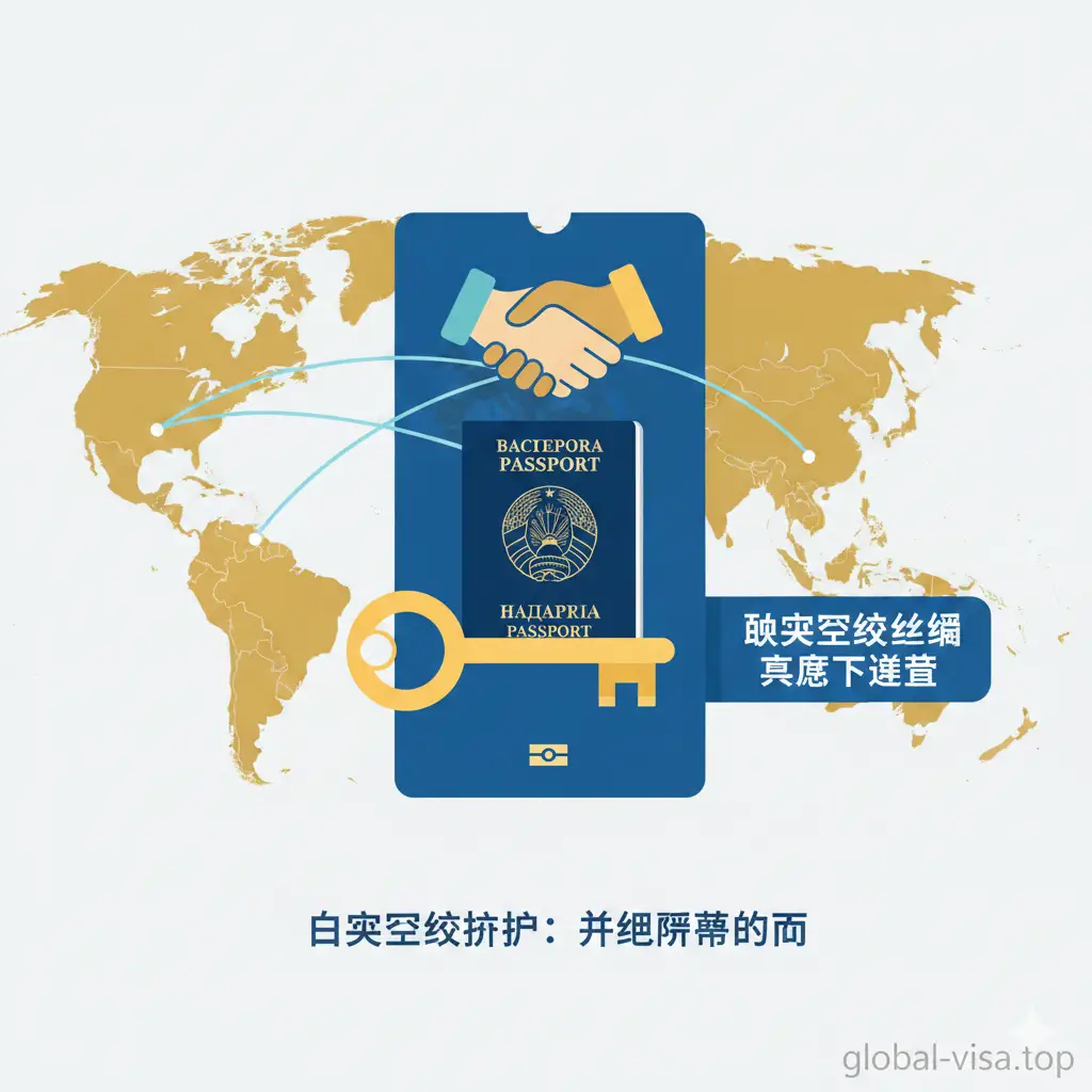 展示白俄罗斯护照作为欧亚经济联盟核心功能的示意图。画面采用扁平化商务风格，以一张简洁的欧亚大陆地图为背景，白俄罗斯、俄罗斯、哈萨克斯坦等成员国被高亮标注。画面中包含金色钥匙和握手元素，象征着商业机会与互联互通。色彩以商务蓝和活力金为主，构图平衡，清晰传达出‘通行证’的功能属性。