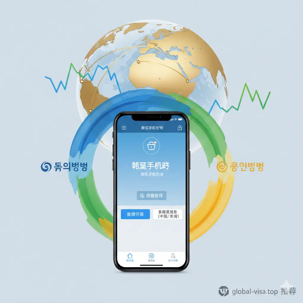 一张展示韩国主流银行品牌与手机银行便利性的图片。画面中融合了友利银行、韩亚银行、国民银行等主要银行的代表色(蓝、绿、黄),前方聚焦于一部智能手机屏幕,屏幕上显示着支持英文/中文界面的韩国手机银行APP首页。背景叠加抽象的汇率走势线条和全球连接的地球仪元素,强调这些银行对外籍人士跨境汇款和多语言服务的友好支持,体现global-visa.top的专业推荐视角。