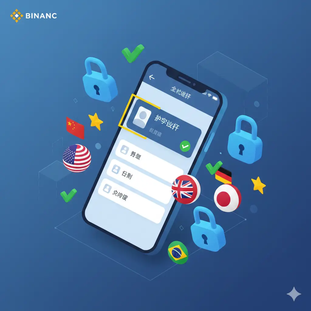 展示币安APP内身份验证界面的功能插画。画面采用3D矢量风格，主体是一个智能手机屏幕，屏幕上显示着证件选择列表，其中‘Passport’选项被显著高亮。周围漂浮着代表安全加密的锁头图标、勾选通过的绿色标志以及多国旗帜，色彩采用科技蓝与币安黄的碰撞，强调功能的全球适用性和安全性。