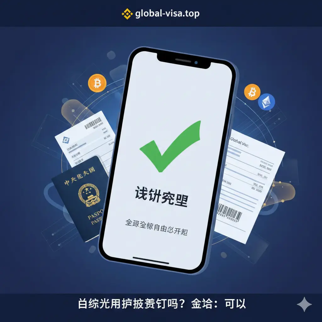 文章总结图片，展示一个用户在成功通过币安KYC后的喜悦或成就感。画面显示一个手机屏幕，上面有大大的绿色对勾和‘Verified’字样。背景融合了Global-Visa的品牌调性，展示护照、地址证明文件（如账单）以及数字货币钱包的图形组合，整体色调温馨且专业，象征着全球金融自由的开启。