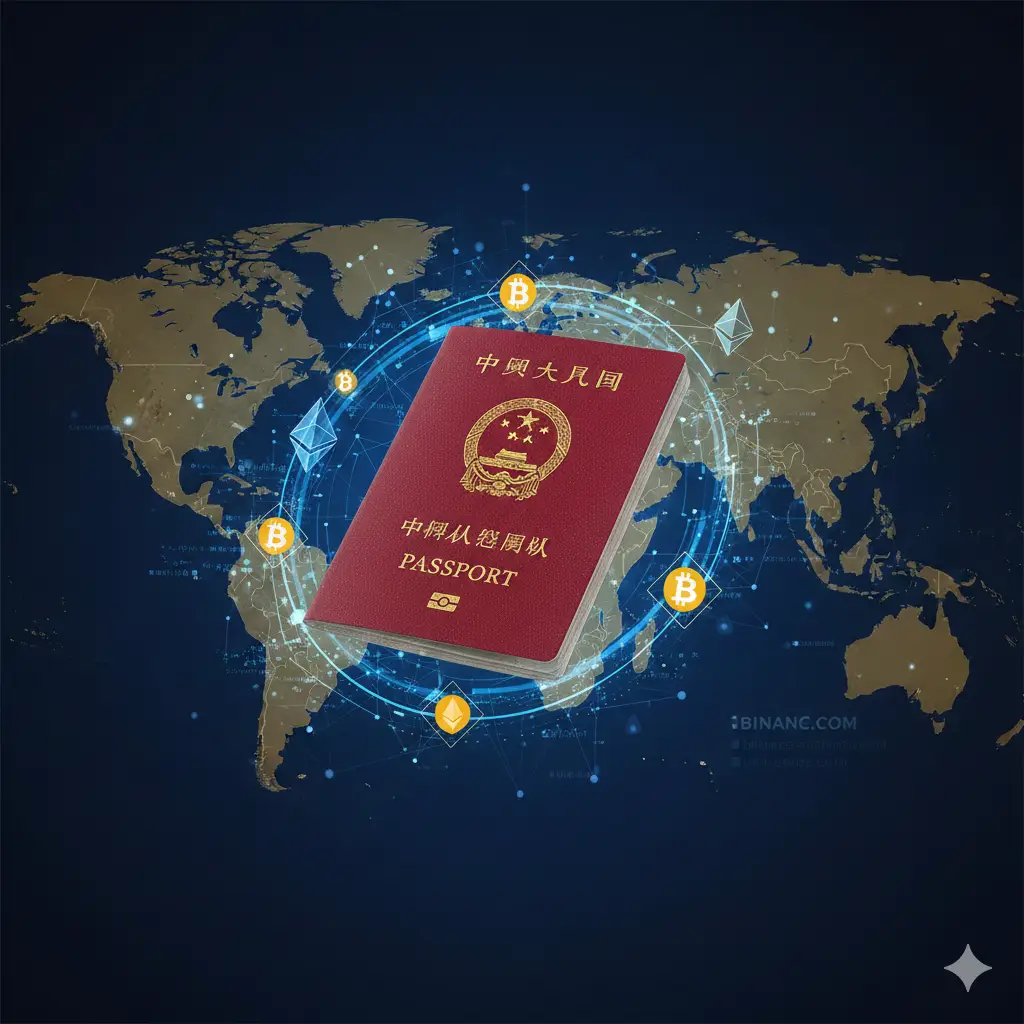 一张具有现代科技感的封面图。画面中央是一本高清的中国护照，周围环绕着数字货币的几何元素（如比特币、以太坊符号）和币安标志性的黄色与黑色色调。背景呈现出一种全球互联的视觉效果，使用深蓝色和金色的渐变，构图大气，突显出国际化、安全可靠的金融认证氛围，文字留白区域合理。