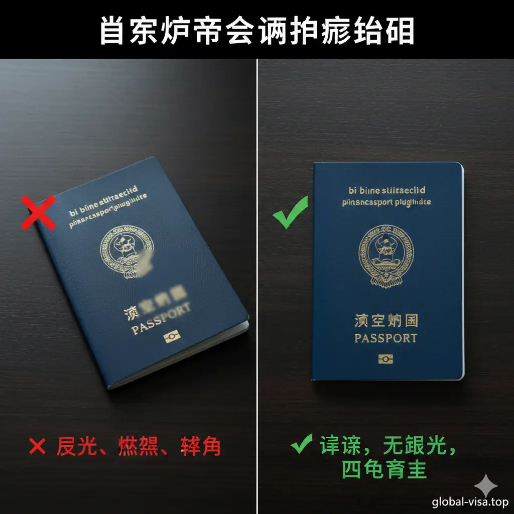 详细的护照拍摄教程示意图。画面展示正确的拍摄姿势，护照平整放置在深色木质桌面上，手机正对上方进行拍摄。图中通过对比方式展示：一侧是反光模糊的错误示范（打红色叉号），另一侧是清晰、光线柔和、无阴影、四角完整的正确范例（打绿色勾号），构图清晰，色彩真实自然。