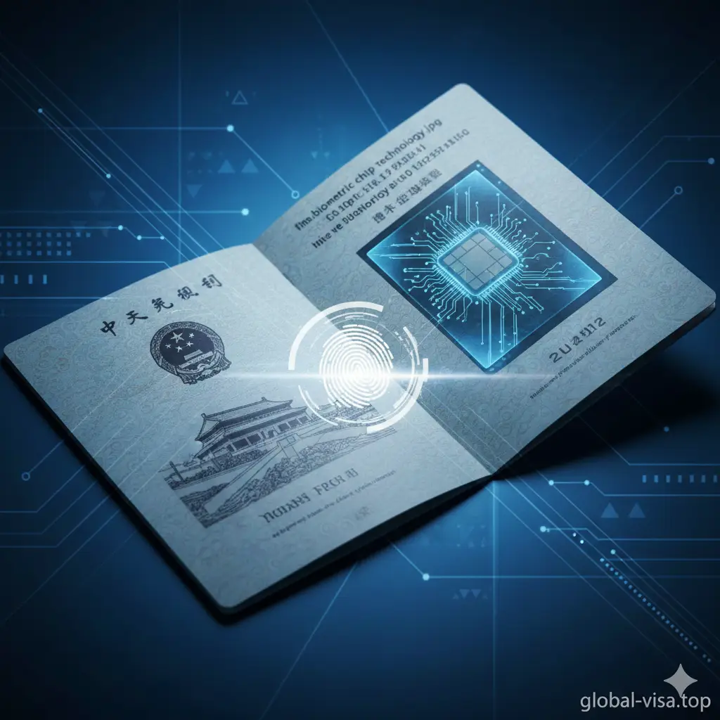 以微距摄影风格展示护照的防伪与科技功能。画面中护照微开，露出带有激光防伪水印和精美底纹的内页。背景结合数字化的芯片扫描光束效果，呈现科技蓝与几何图形线条。细节处展示指纹图形与数字签名的抽象艺术化处理，强调新版护照的生物识别安全性与高科技含量。