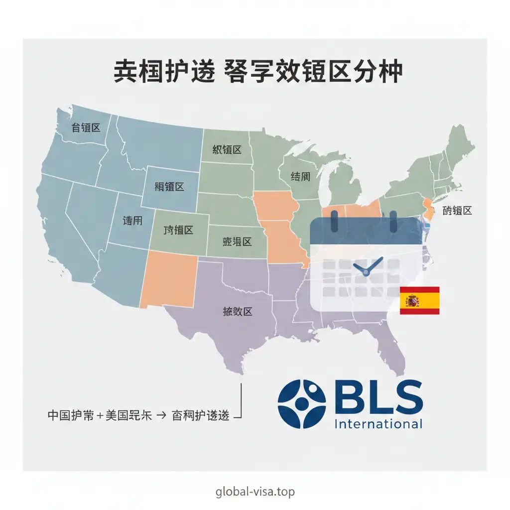 一张关于美国领区划分的功能示意图。背景是简约的美国地图轮廓,不同区域用柔和的莫兰迪色系标注。图中醒目位置展示一个带有时钟图标的预约日历,并伴有西班牙国旗元素。视觉重点在于‘BLS International’的标识和领区分布的逻辑感,风格专业、干净,采用扁平化设计,能够让读者一眼看出这是关于流程与划分的功能说明。