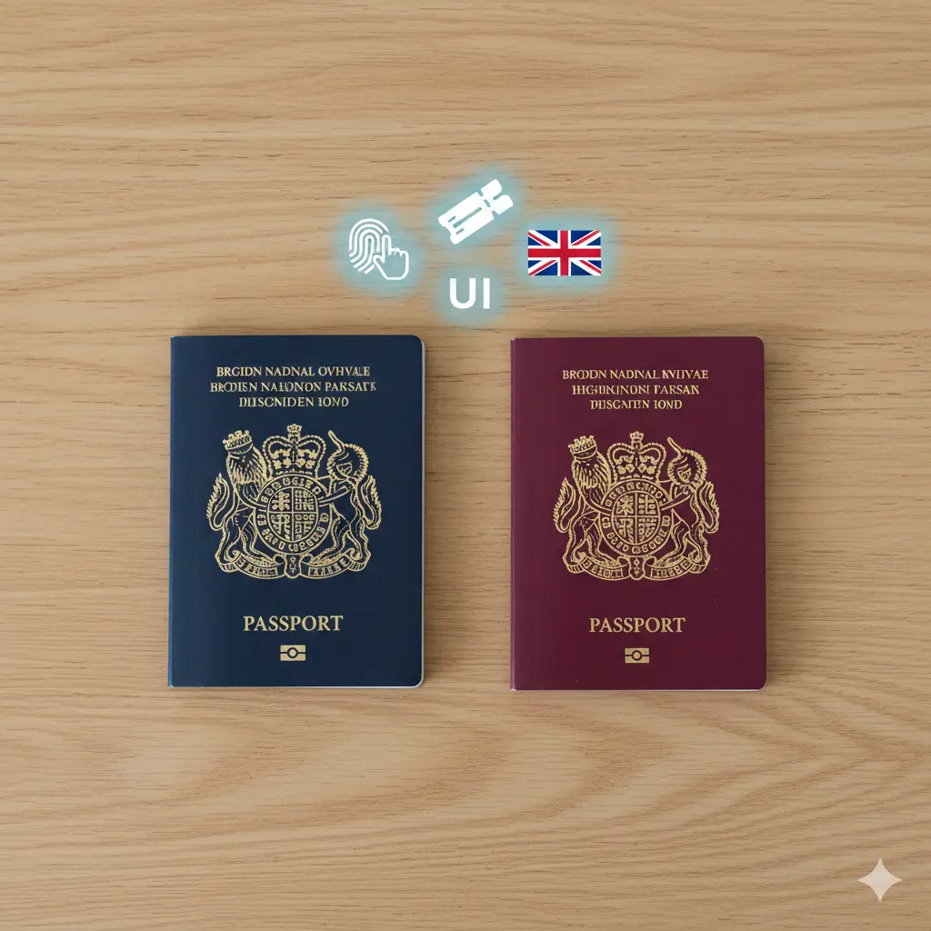 一张清晰直观的对比展示图。画面左侧为BNO护照，右侧为香港特区护照，两者并排陈列在木质纹理的桌面上。护照中间或上方漂浮着简洁的UI图标（如指纹、机票、英国国旗），象征着身份属性与移民权利。色调明亮均匀，采用极简主义摄影风格，旨在让读者一眼看出BNO护照作为“英国移民钥匙”的特殊功能属性。