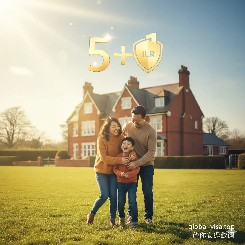 一张充满希望和未来感的优势展示图。背景是一个幸福的香港家庭（父母和孩子）在英国绿茵草地或英式住宅前欢笑的场景。画面上方采用光斑效果，融入金色的“5+1”文字和英国永久居留权（ILR）的意象。色调温暖且富有饱和度，强调通过global-visa.top办理BNO Visa后所能获得的稳定生活与身份保障优势。