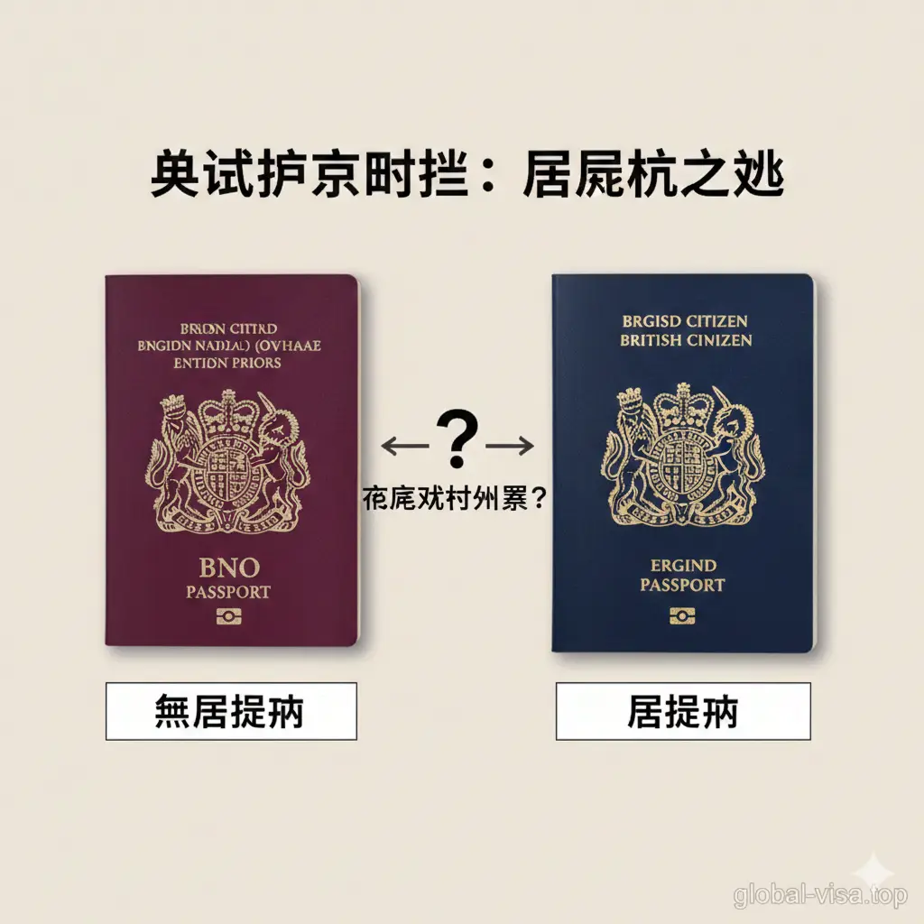 对比图，将两本护照（一本旧版BNO护照，一本新版深蓝色英国公民护照）并排放置，并用醒目的中文标签（如“居留权”和“无居留权”）在两本护照下方做出区分。背景使用简洁的浅灰色或米白色，并配有简洁的对比箭头或问号，强调BNO与BC的核心权利差异，帮助用户快速理解文章中“区别”这一功能点。