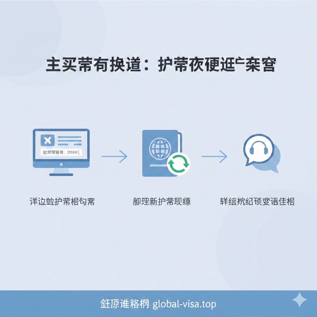 一张扁平化设计的流程指导图，展示“先买票后换证”的三个关键步骤。步骤一：电脑屏幕显示填写旧护照号购票的界面；步骤二：一本正在办理更新的新护照图标，带有旋转的刷新符号；步骤三：一个电话客服或在线聊天气泡图标，象征联系航司更改证件号。箭头将三个步骤流畅连接，背景色调柔和（淡蓝或浅灰），强调操作的可行性和逻辑性，适合教程类内容。