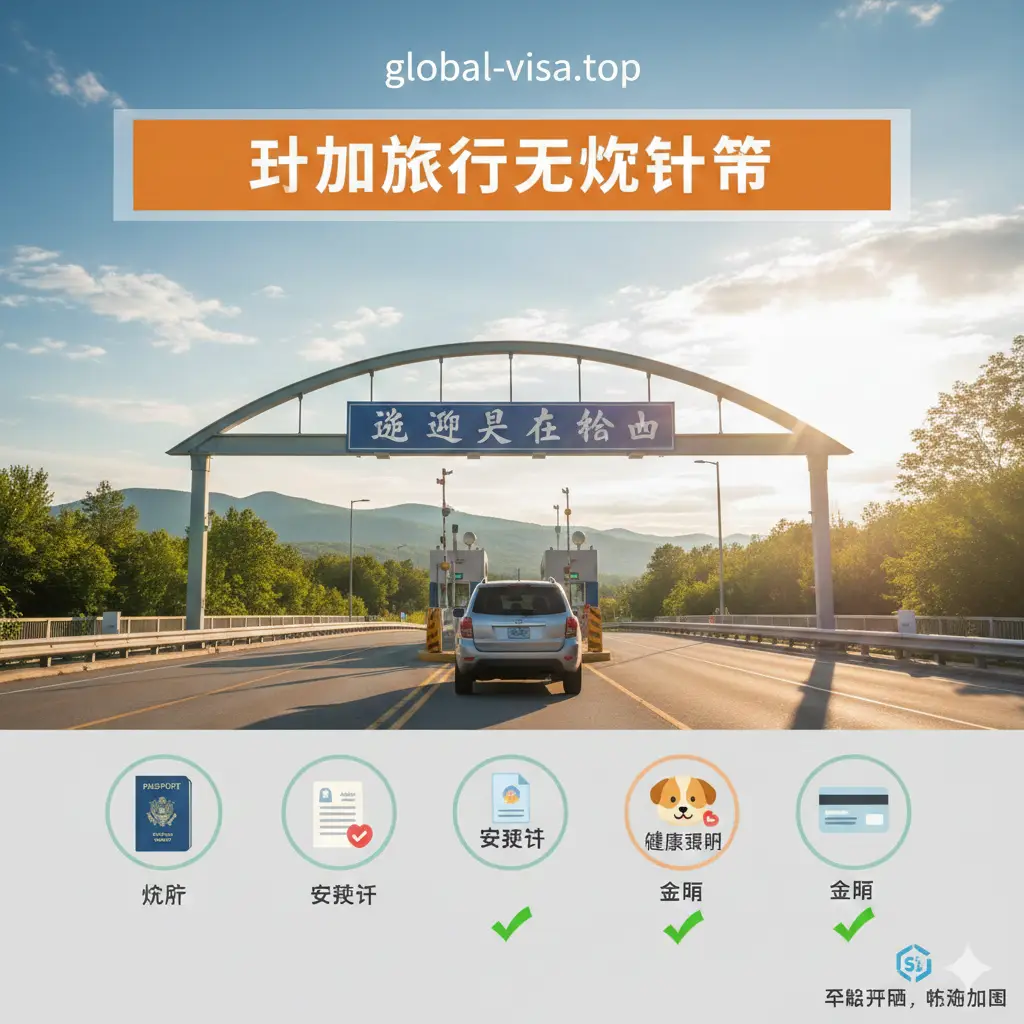 一张总结性质的陆路边境口岸全景图。画面展示一辆汽车正准备通过美国与加拿大的彩虹桥或陆路边境检查站，标志牌清晰显示‘Welcome to Canada’。构图宽阔，画面中包含检查清单的意向元素，如护照、授权信、宠物健康证明等小图标。色彩充满阳光和希望，寓意在global-visa.top的帮助下，用户可以万无一失地开启加拿大之旅。