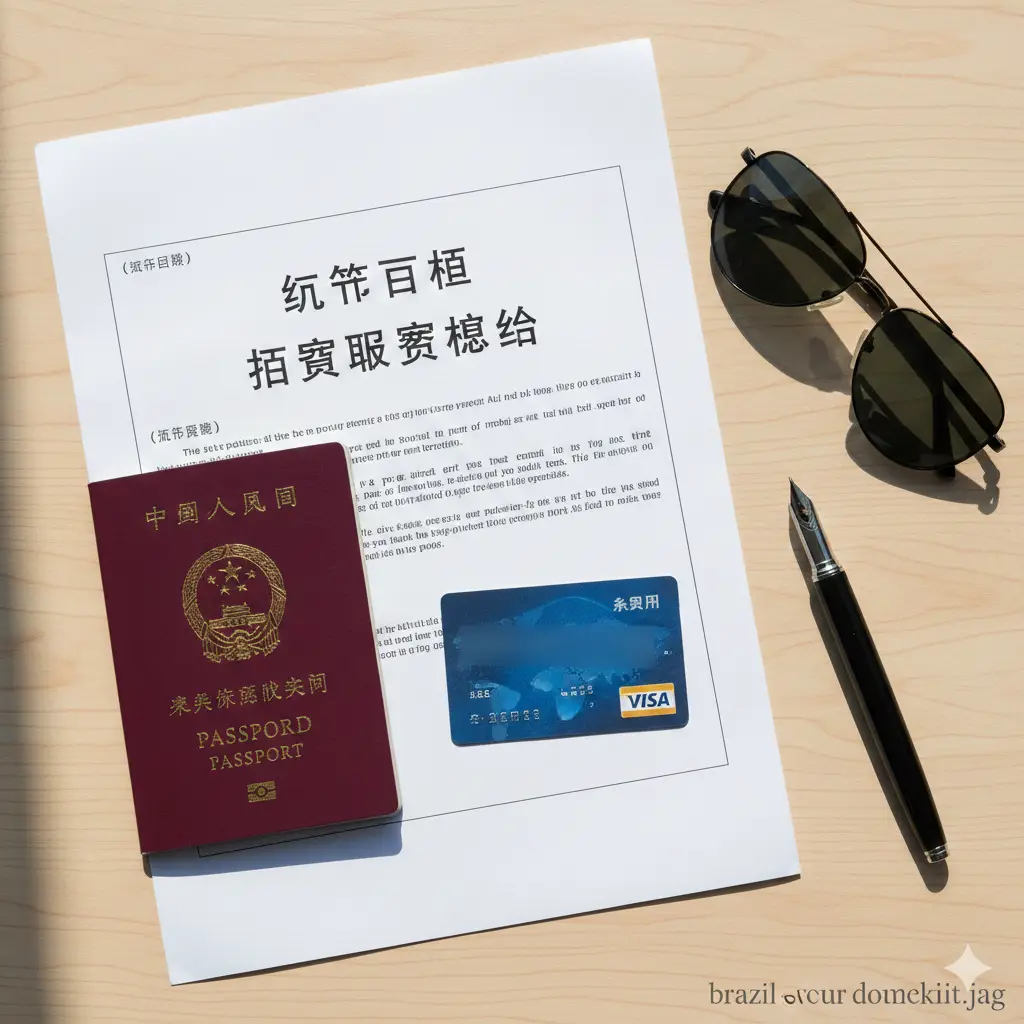 教程类指导图片,展示准备入境材料的过程。画面像是一张整理整齐的旅行桌面,上面放置着中国护照、打印好的英文版机票订单、酒店预订确认单以及一张Visa信用卡。旁边有一支钢笔和一副墨镜作为点缀。构图采用俯视视角(Flat Lay),光线自然通透,通过实物陈列的方式手把手教用户需要携带的四样核心材料,具有极强的操作参考价值。