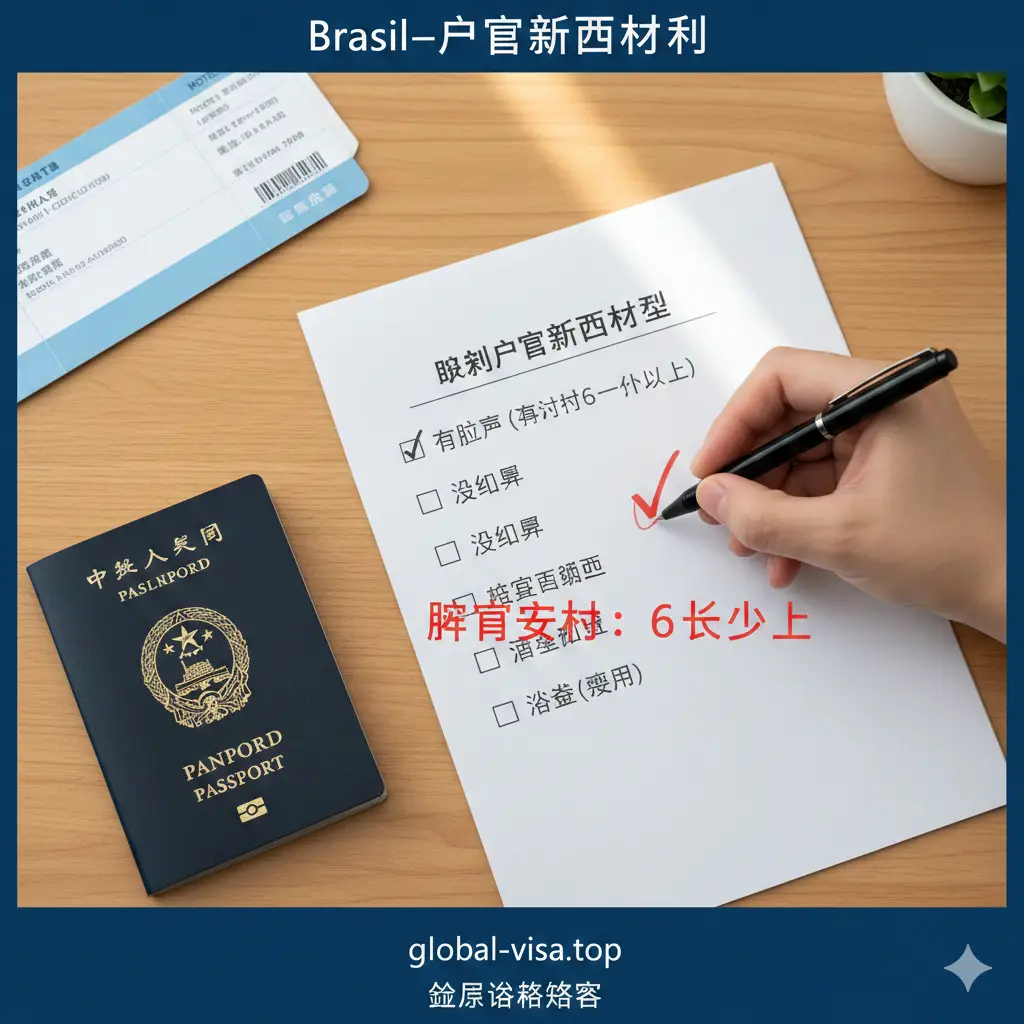一份清晰的入境材料清单指引图。画面模拟在木质办公桌上摆放着的中国护照、回程机票行程单、酒店确认函。一只手正在拿着一支笔在清单上打勾,旁边附有醒目的‘6个月有效期’标注。采用俯拍构图,光线柔和自然,给读者一种手把手准备材料的真实感与教程引导感。