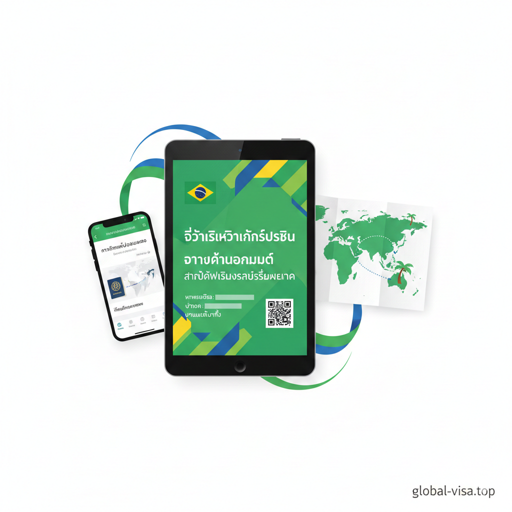 A professional infographic-style image showing a digital tablet screen displaying a 'Brazil E-Visa' approved certificate. Surroundings include travel essentials like a smartphone showing a flight itinerary to Sao Paulo and a world map. The color palette uses the Brazilian flag colors (green, yellow, and blue) in a sophisticated, modern way. The composition is a top-down view (flat lay) on a clean white surface, symbolizing the convenience and digital nature of the E-visa system for US citizens.