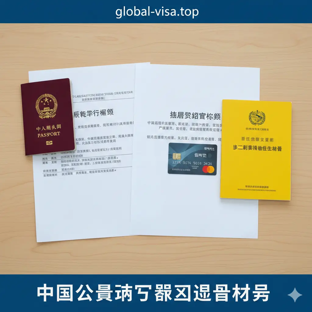 一张呈现入境准备材料清单的教程类图片。画面中心是一张整洁的办公桌，上面整齐地摆放着中国护照、打印好的返程机票行程单、酒店预定确认单以及国际信用卡。旁边还有一本黄色的疫苗接种证书。画面采用俯视构图（Flat Lay），光线自然充足，色调明亮，引导读者直观地了解通关必备的文件，展现出严谨的旅行准备氛围。