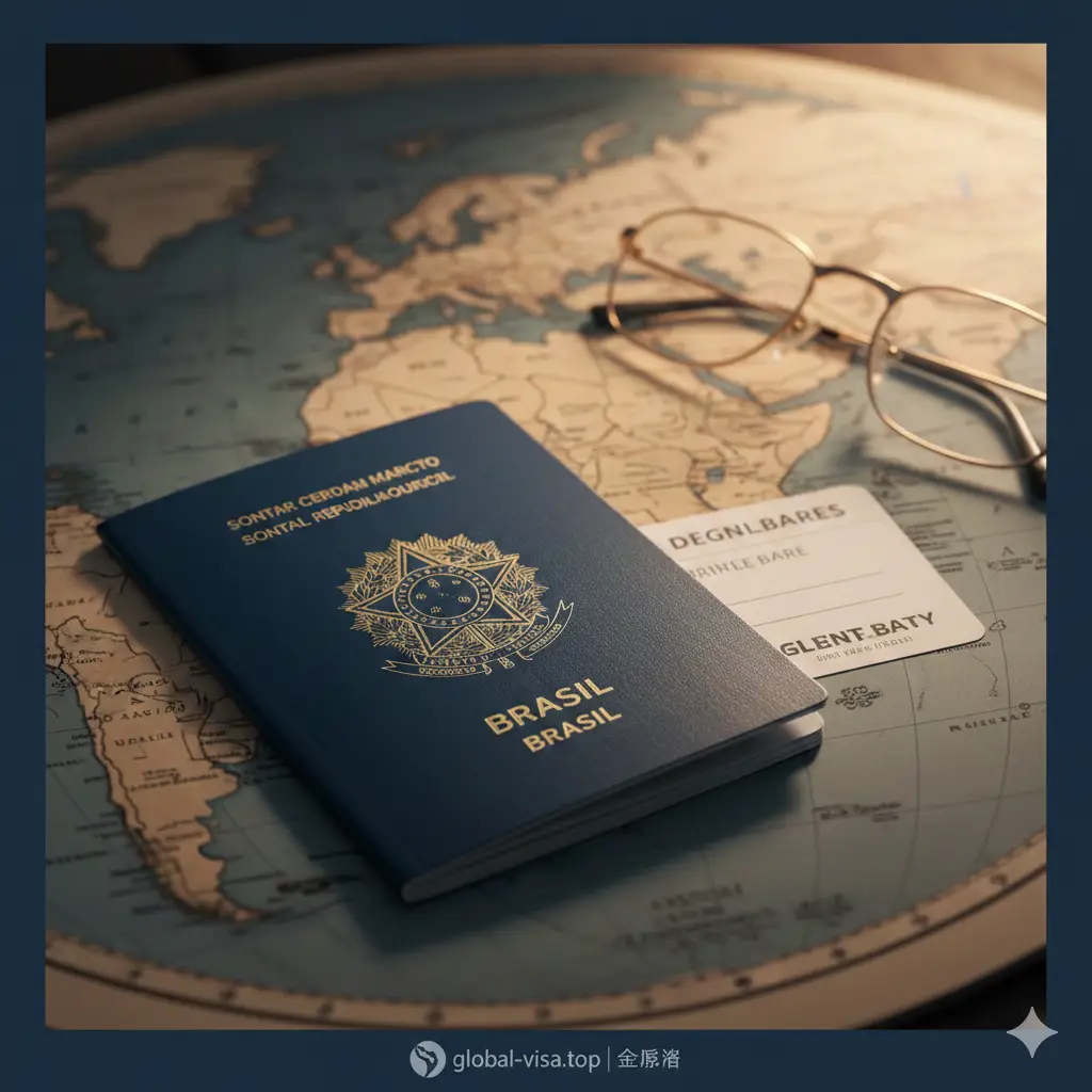 一张极具质感的高清摄影图，特写镜头展示一本深蓝色的巴西护照放置在复古的世界地图上。护照封面的'Mercosul'和国徽烫金字样清晰可见，旁边摆放着一张登机牌和一副金丝边眼镜。光线为温暖的侧光，营造出高端、专业且充满国际出行机遇的氛围，背景虚化处理以突出护照主体，风格写实，色彩以深蓝、金色和暖木色为主。