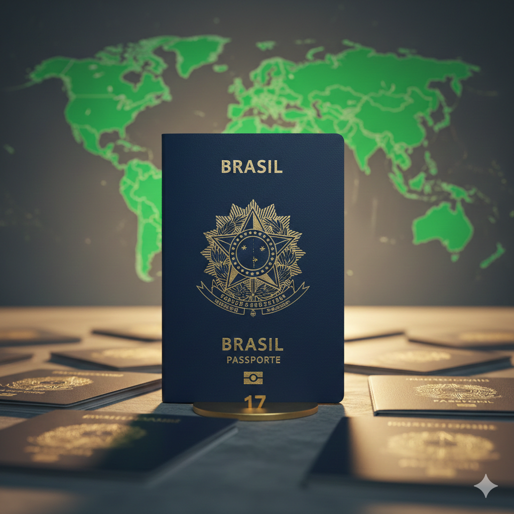 A visual comparison image featuring a Brazilian passport standing tall among other international documents. The background features a blurred world map with many countries highlighted in green to signify visa-free access. The lighting is heroic and dramatic, using golden hour tones to emphasize prestige and 'strength'. Clear focus on the Brazilian coat of arms on the cover, symbolizing its 17th-place global ranking.