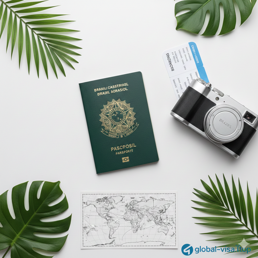 A warm and inviting flat-lay photography style image. It includes a Brazilian passport, a digital camera, a printed boarding pass, and a small map of the world. The scene is decorated with some small tropical leaves to hint at Brazil's heritage. The overall mood is one of completion and readiness for adventure. Soft, balanced lighting with a high-key finish that aligns with the professional branding of global-visa.top.