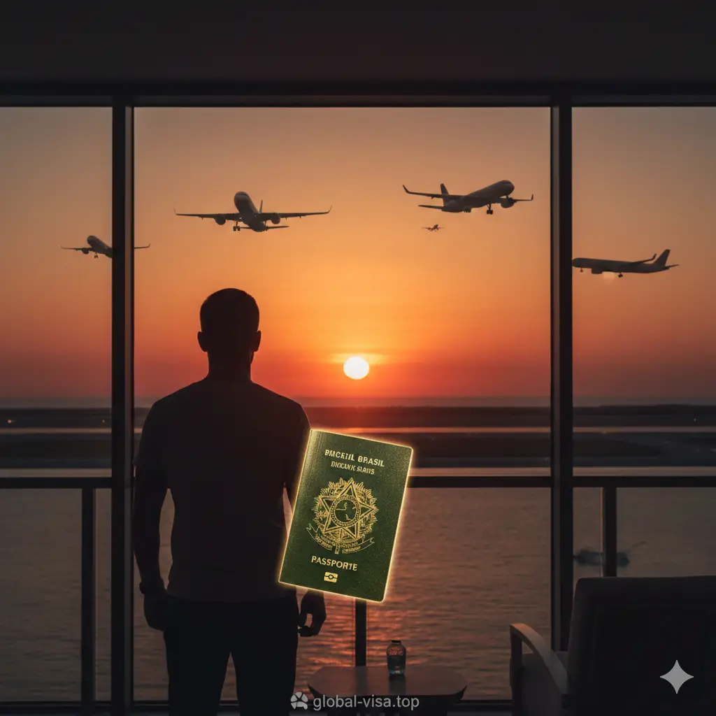 一张充满希望与自由感的如画生活方式摄影图。画面展示一个背影，这名人士手持巴西护照站在海边的阳台或机场落地窗前，眺望远处的日落与起飞的飞机。逆光拍摄剪影效果，边缘轮廓泛着金光，色彩以夕阳橙和海蓝色调和，传达出拥有第二身份后的自由、安全感以及全球资产配置的成功结局。