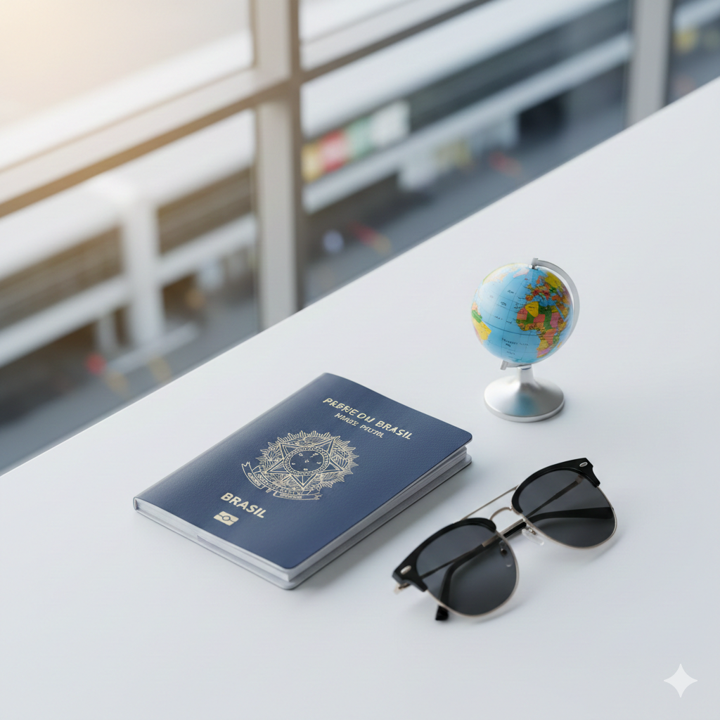 A high-quality cinematic shot of a dark blue Brazilian passport placed on a clean, modern white surface next to a pair of luxury sunglasses and a small globe. The background is a soft-focus airport terminal with warm sunlight streaming through large windows. The composition is a top-down isometric view with a professional and premium travel vibe. Bright, airy colors with a focus on deep blue and gold accents from the passport emblem.