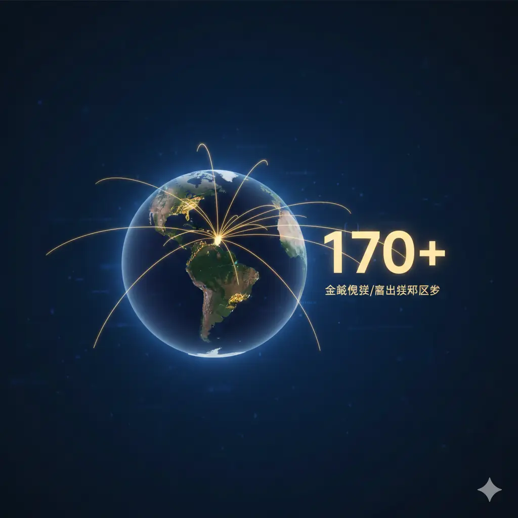 富有科技感与信息量的3D地球仪可视化设计图。以巴西为中心，通过明亮的金色光线连接至欧洲（申根区）、英国、新西兰和亚洲等免签区域。背景为深邃的科技蓝，地图上用发光的图标标记出'170+'字样，象征其强大的全球通行能力。构图居中，风格现代简洁，适合作为展示护照含金量的数据可视化配图。