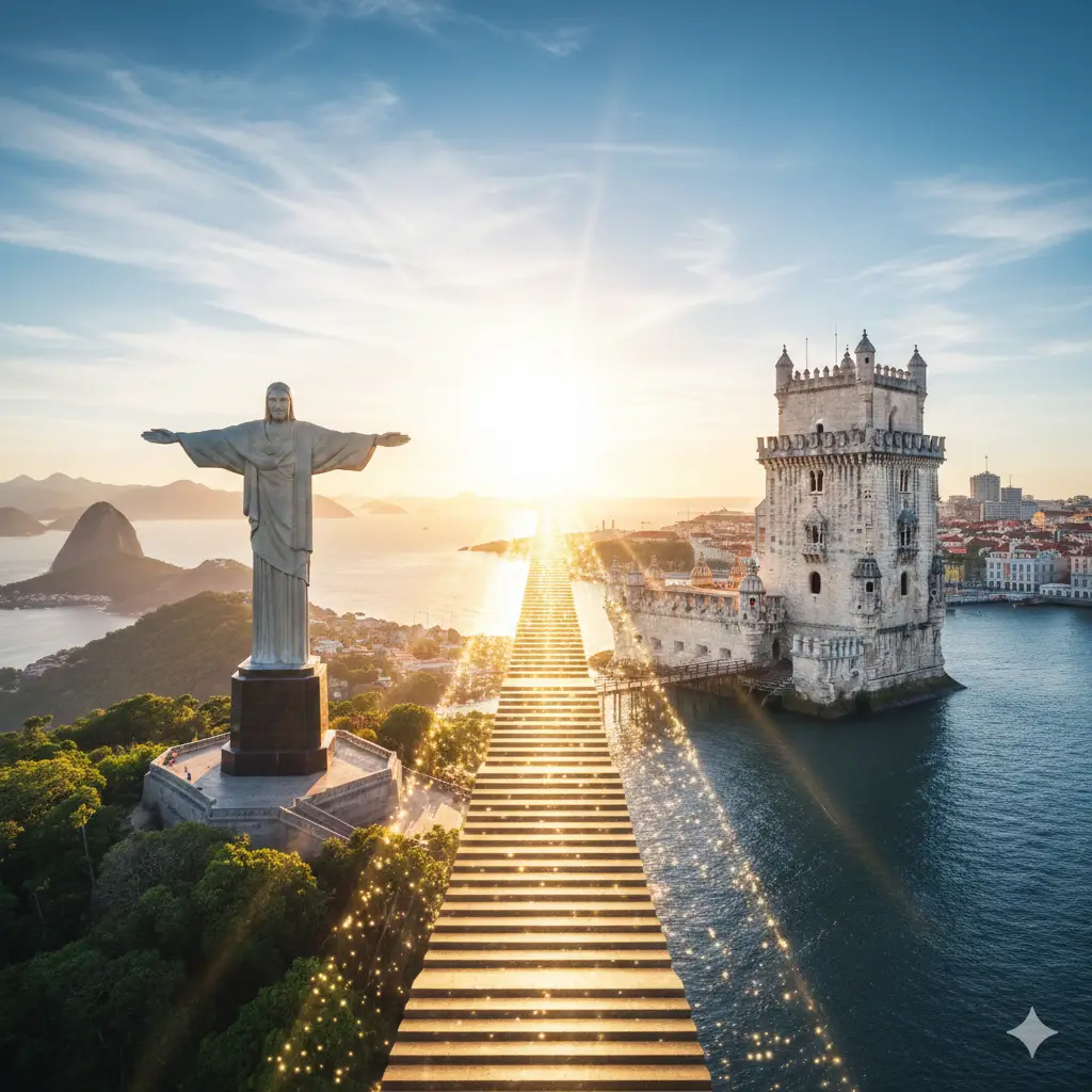 充满象征意义的概念合成图。画面左侧是巴西的标志性建筑（如基督像），右侧是葡萄牙或西班牙的历史建筑（如贝伦塔），中间通过一条金色的光桥或台阶相连，寓意巴西护照是通往欧盟身份的跳板。色彩采用鲜明的对比，左侧热烈明快，右侧典雅庄重，天空明亮，寓意未来的广阔前景，视觉冲击力强。