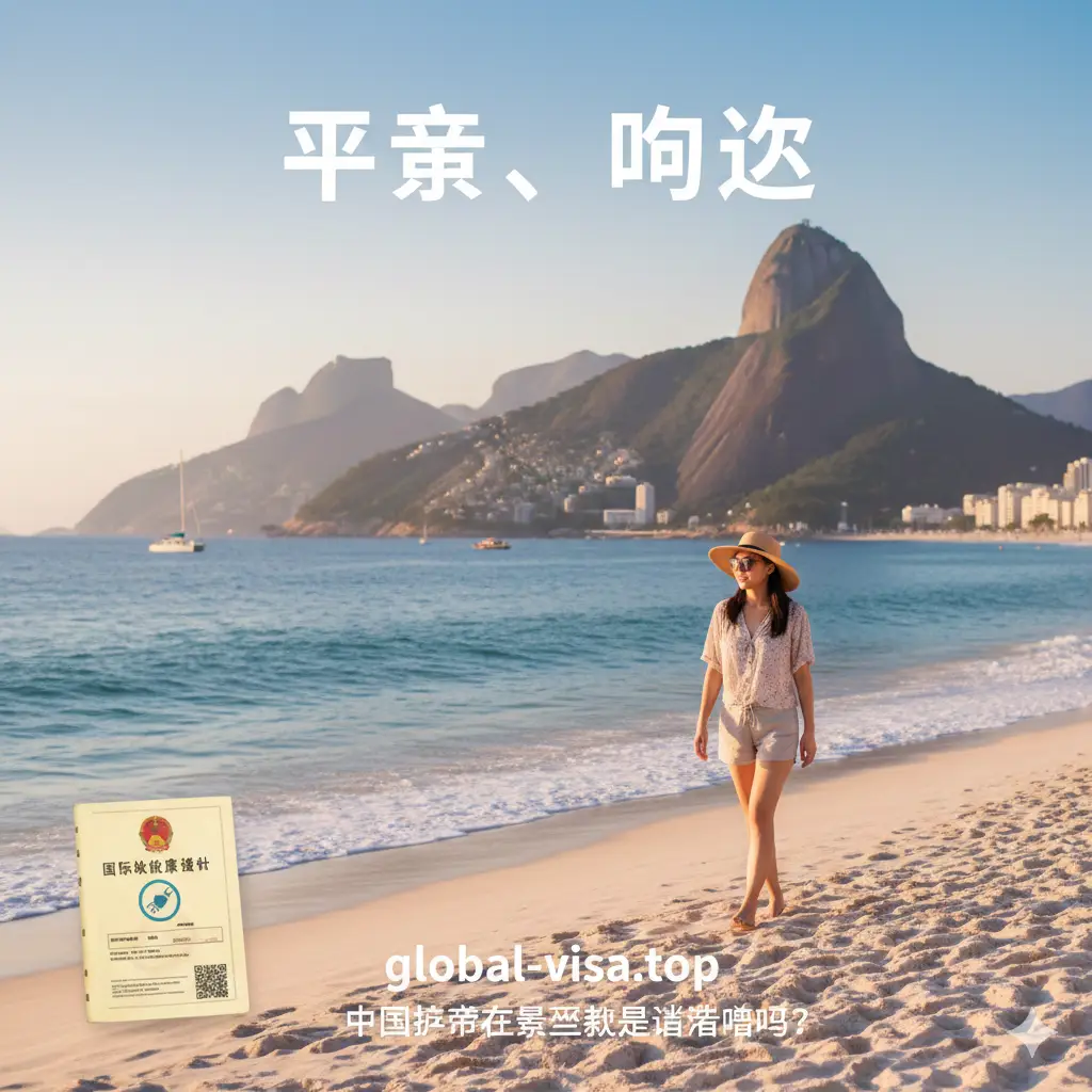 总结性图片,画面柔和且充满温馨感。展示一位戴着草帽的中国游客在巴西里约热内卢的海滩上漫步,背景是著名的糖面包山。画面角落有一个微缩的‘小黄本’(疫苗接种证)示意图。整体色彩以蓝色的海洋和白色的沙滩为主,上方浮现出‘平安、愉快’的祝福语。构图开阔,给人以轻松愉快的旅行收尾感,总结了安全与健康出行的重要性。