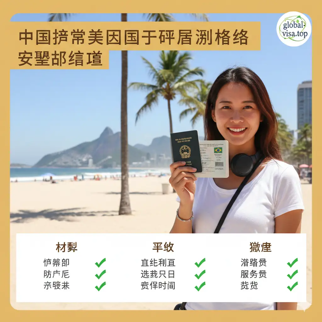 一张温馨的总结图片，画面是一名面带笑容的中国旅客在巴西海滩（科帕卡巴纳）背景下，手里拿着贴有巴西签证页的中国护照。阳光明媚，充满热带风情。底部带有一个复选框清单，所有项目都打上了勾（材料、预约、缴费）。整体色调温暖，传达出办签成功的喜悦和对旅程的期待，为文章画下圆满句号。