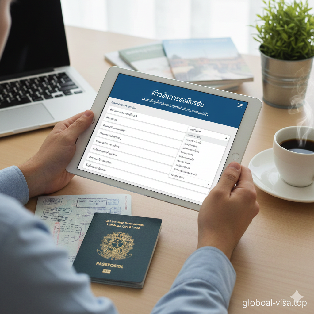 A workspace scene showing a hand using a modern tablet to fill out an online travel authorization form (ETIAS or K-ETA). Beside the tablet is a Brazilian passport and a cup of coffee. The lighting is natural and bright, suggesting a simple and easy digital process. The composition is a close-up shot focusing on the interaction between technology and travel documents, with a clean and organized aesthetic.
