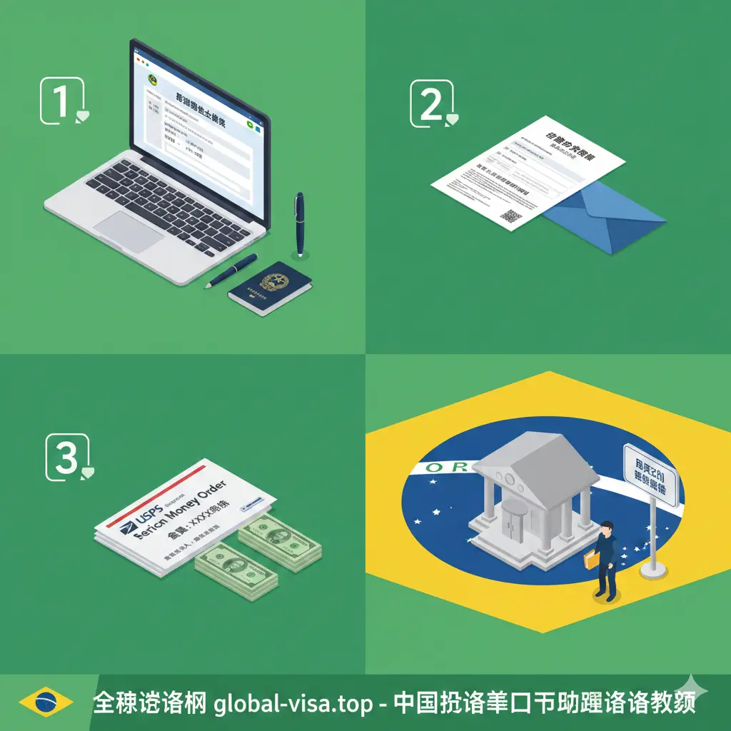 一张分步骤的等轴测视图教程图。展示从电脑屏幕上的在线填表、打印出的RER回执单、USPS Money Order汇票到前往领事馆递交的全过程。每个步骤旁边有简约的数字图标（1-4）。色彩以巴西国旗的绿黄蓝为主基调，元素包含钢笔、护照、信封和办公桌，视觉流程清晰，指引感强。